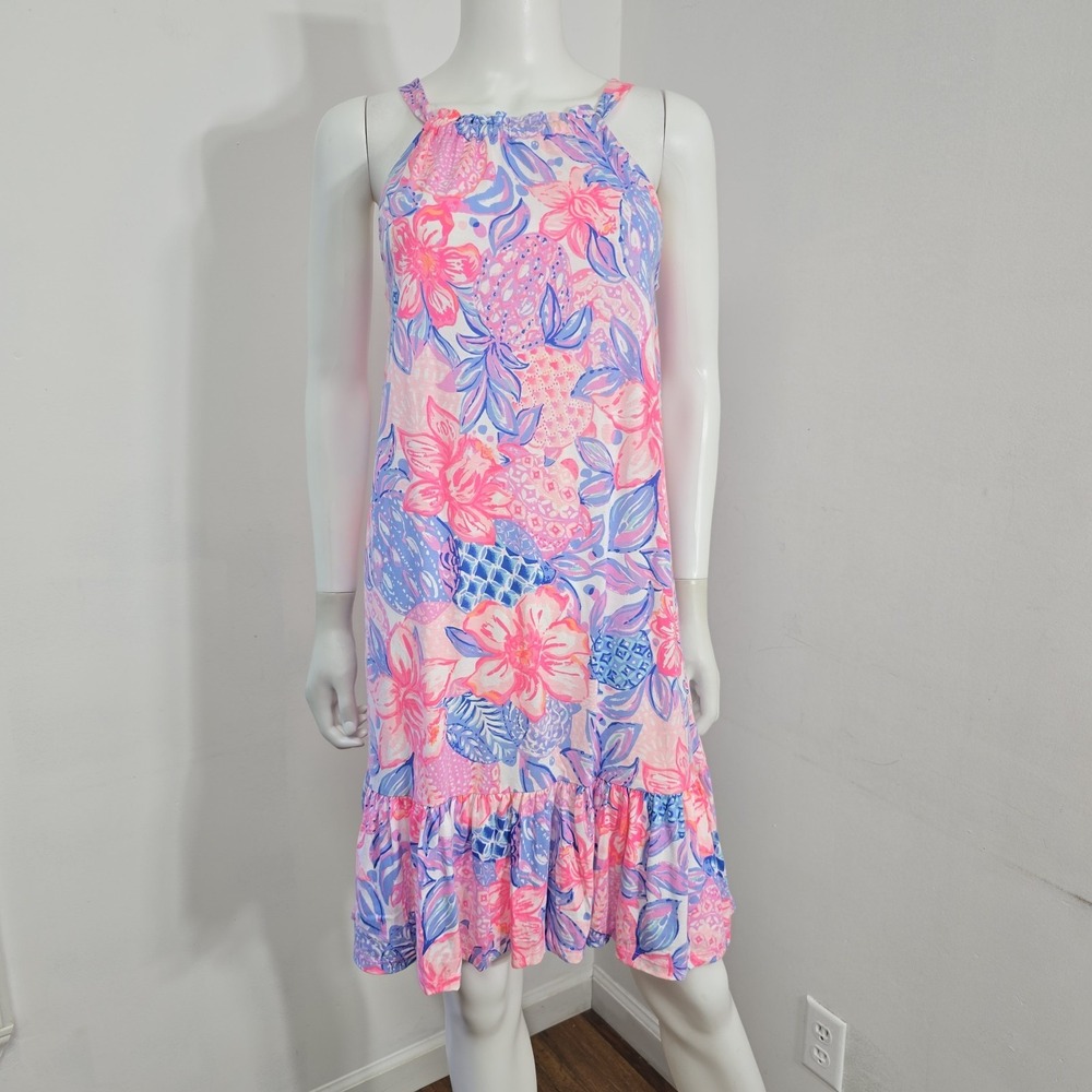 NWT Lilly Pulitzer Saira Halter Dress Pink Isle Snappy Turtle Ruffle Cotton XS